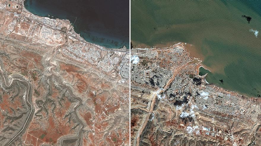 Libia, antes y después del ciclón Daniel: las imágenes por satélite muestran la devastación en la ciudad más afectada