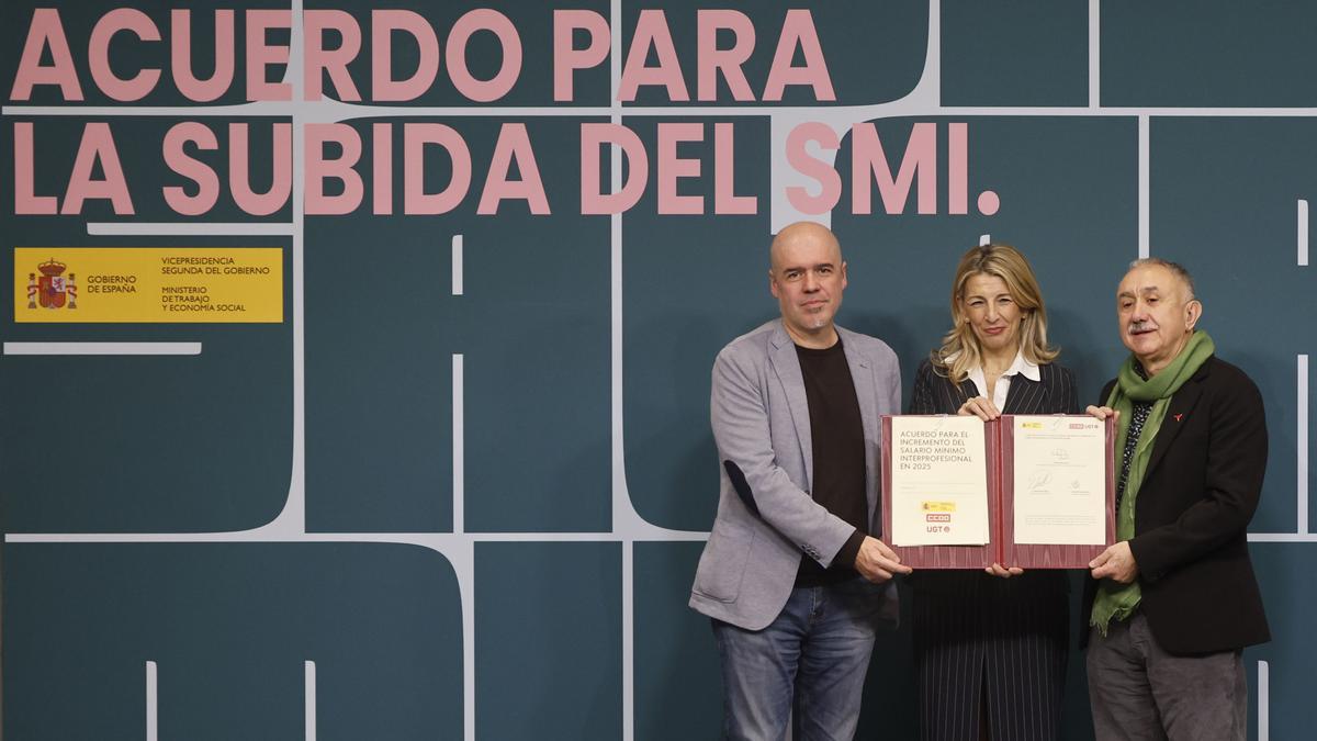 Yolanda Díaz firma con los sindicatos el salario mínimo de 1.184 euros mientras sigue la incógnita sobre si pagará IRPF