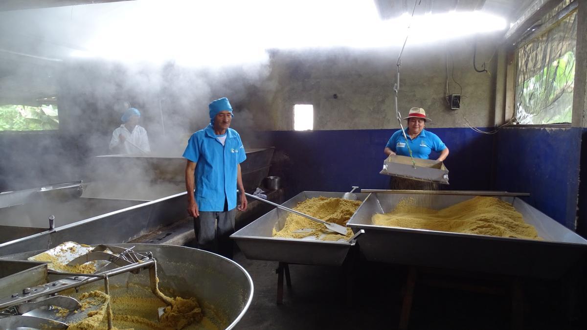 Proceso final de solidificación del jugo de caña en panela, en la planta de Don Julio en Palo Quemado.